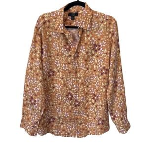 Club Room Luxury Mens Orange Floral 100% Linen Long Sleeve Button Down Shirt L